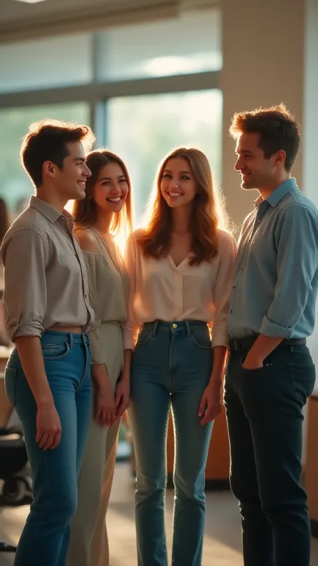 Image A vibrant, eye-level shot capturing a group of four colleagues mid-conversation in a brightly lit, modern office setting. Focus on the four: Ethan, Laura, David, and Matt. Ethan, dressed in a beautifully detailed, casual yet chic female outfit (jeans, a stylish blouse, and subtle accessories), stands slightly forward, a playful expression on his face, eyes sparkling with curiosity. Laura, confident and radiant in an elegant traditional attire, stands close to Ethan, her hand lightly touching his arm, offering a warm smile and a knowing glance, highlighting the bond formed during the transformation process. David, in a professional yet understated female attire, stands slightly behind the pair, a thoughtful expression on his face, as if analyzing the interaction, his posture exuding a quiet intensity. Matt, in a comfortable and stylish casual wear, stands beside David, beaming a wide, humorous grin, his arm casually draped over David's shoulder, sharing a joke. The room is filled with soft focus office elements: blurred desks, open laptops, and the subtle presence of other colleagues in the background, all of them smiling, implying a sense of camaraderie and shared experience. The lighting is soft and natural, highlighting the realistic makeup and the authenticity of the disguises, with a slight lens flare subtly adding a touch of magic. The overall atmosphere is lighthearted and engaging, portraying a 'Girl's Day' that celebrates diversity, fun, and understanding. Style: lh_new_flux_realistic, high detail, cinematic lighting, shallow depth of field.