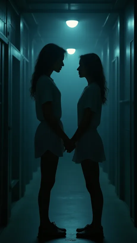 Image A highly dramatic and emotionally charged cover image. The scene captures a moment of intimate connection and impending tragedy. The primary focus is on two young women, Alex and Vanessa. Alex, the prisoner, is in the foreground, her face lit partially by a single overhead light in a prison corridor, revealing a mix of hope and fear. She reaches towards Vanessa, the guard, who stands partially obscured in shadow, her silhouette suggesting strength and vulnerability. They are close, their hands almost touching, in a space filled with the cold, metallic details of a prison. The atmosphere is thick with a sense of forbidden love and impending danger. The background shows a blurred perspective of prison bars and hallways, adding depth and claustrophobia to the image. The lighting is low-key, with harsh shadows emphasizing the drama. A single drop of blood is seen on the floor. The style should be lh_new_flux_realistic.