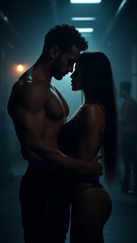 Image A dramatic cover image featuring Ethan and Olivia locked in a tense embrace. Ethan, a muscular and determined young man in his late 20s, is depicted with a strong, stoic expression, wearing a well-fitted training outfit. Olivia, a vibrant woman in her late 20s, stands close to him, her expression a mix of defiance and allure, dressed in stylish, slightly revealing attire that suggests both confidence and vulnerability. The background is a moody, dimly lit MMA gym, with shadows playing across the equipment, conveying a sense of danger and hidden connections. A single spotlight focuses on the couple, highlighting the intensity of their connection. In the periphery, glimpses of the gym and the silhouettes of other figures further enhance the theme of secrecy and danger, hinting at the world of organized crime and MMA. The color palette is dominated by deep blues, blacks, and touches of red, creating a sultry and passionate atmosphere. The image should be rendered in the style of 'lh_new_flux_realistic', with strong attention to detail and texture, enhancing the realism of the characters and their setting. The composition should be framed tightly on the characters to create intimacy. High contrast shadows and light. focus on faces, passionate. The goal is to convey the essence of the story: romance, suspense, and a deep connection within a high-stakes world.