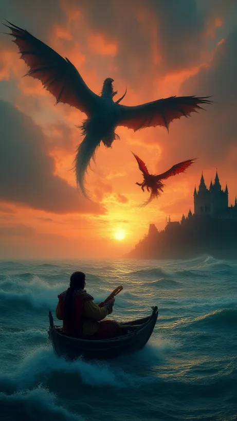 Image A cover image for a fantasy novel titled 'Drakari and Emily: A Ballad of a Medieval World'. The scene depicts a vast, turbulent ocean under a dramatic, fiery sky. In the foreground, a small, medieval rowboat bobs on the waves. Drakari, a vibrant minstrel with colorful extravagant clothing, black hair, and a lute, is visible. He is mid-song, his expression a mix of melancholy and determination, facing away from the viewer, towards a distant shoreline. Above him, two colossal, giant dragons dominate the sky: a majestic blue dragon, Zarixos, with one wing outstretched in a friendly gesture and a colossal red dragon, Sryxdal, soaring fiercely. Further back, a castle is visible on the coast, with a medieval red-cotehardie dressed Emily Carter, seemingly lost in thought, standing nearby it. In the background a full dark figure being spirit, enigmatic, is near the castle, looking at the princess. The scene is filled with dynamic energy, the light casting dramatic shadows and highlighting the epic scale of the world. Style: lh_new_flux_realistic. --ar 2:3