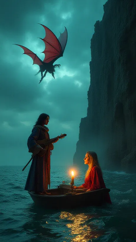 Image A cover image for a fantasy novel, centered around themes of medieval heroism, dragon lore, and mysterious characters. The focal point is a dramatic split scene: on the left, Drakari, a vibrant minstrel with black hair and extravagant, colorful medieval clothing, stands in a small rowboat, singing, the vast ocean stretching behind him under a stormy sky. His lute is clutched in his hand. The scene is filled with dramatic lighting, highlighting Drakari's determination and the boat's isolation. On the right, Emily, a woman with long blonde hair and wearing a tattered medieval red cotehardie, is imprisoned within a stone dungeon, with a single torch casting harsh shadows on her face, her green eyes filled with despair and a hint of defiance. The dungeon bars are heavy and imposing. Above them, two colossal, gigantic titan dragons, one red and one blue, soar through the turbulent sky, their immense silhouettes hinting at the power and danger of the kingdom of Ahklan. The composition should feature deep blues and greens for the ocean and sky, contrasting with the warm hues of the dungeon and Drakari's clothing. The overall mood is one of mystery, hope, and impending conflict, with the dragons serving as both a threat and a symbol of the fantastical elements of the story. The art style is photorealistic with elements of fantasy art, the image should be cinematic and high-quality with detailed textures and lighting.