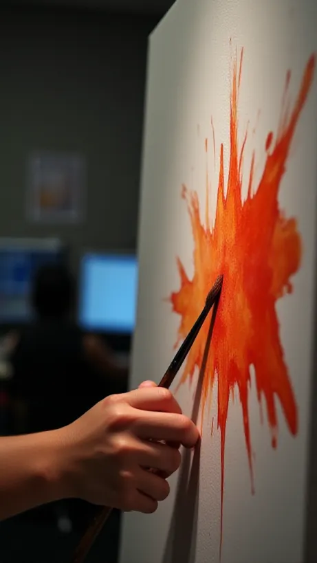 Image A cover image for "The Painter's Secret." The image should capture the contrast between the mundane and the vibrant, reflecting Ella's journey. The central focus is a close-up of Ella's hands, one holding a pristine white canvas, the other brush-wielding, actively applying a splash of intense, fiery red paint. The paint is thick, gestural, and evokes a sense of raw passion and freedom. In the background, subtly blurred, is a glimpse of her dull office environment: a computer monitor displaying spreadsheets, a grey cubicle wall, the overall ambiance of professional monotony. The lighting is dramatic, with a strong light source illuminating Ella's hands and the canvas, casting shadows across her face and the office setting, symbolizing the contrast between her old and new life. Ella should have a hint of a smile and deep in her eyes, representing both a sense of uncertainty and determination. The color palette should be stark: the cold greys and blues of the office juxtaposed against the vibrant, expressive reds and oranges of the paint, creating a visual metaphor for Ella's transformation. The artistic style should be a blend of photorealism and expressive brushstrokes, achieving a sense of both realism and artistic flair. The atmosphere is one of quiet intensity, potential, and the thrilling risk of self-discovery. The overall mood should convey the themes of hidden talent, liberation, and the courage to embrace a new path. The lh_new_flux_realistic style is applied. Emphasis on realistic textures, and dramatic lighting, and a sense of artistic flare. --ar 2:3