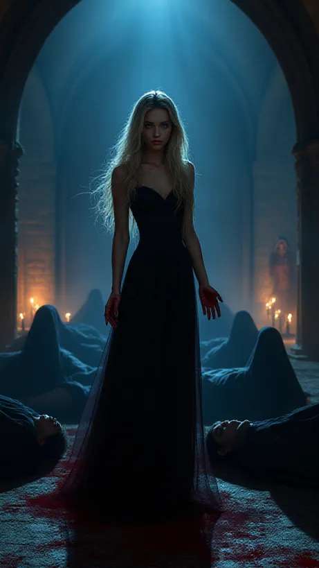Image A cover image depicting a pivotal moment in the story of "The Blood Queen." The scene unfolds in a dimly lit, gothic-inspired chamber within a vampiric castle. In the foreground, a young woman, Alicja, with long, flowing blonde hair and striking blue eyes, stands amidst a chaotic scene. Her hands are covered in crimson blood, suggesting a violent encounter. Behind her, the bodies of hooded figures – fallen mages – are sprawled across the cold stone floor, their lifeless forms illuminated by flickering torchlight. The atmosphere should be thick with foreboding and mystery. In the background, a figure of a woman with silver hair and crimson eyes dressed in elegant clothing is partially visible. In the depths of her eyes can be seen pain and mystery. The overall mood is dark, with shadows playing across the stone walls, emphasizing the gothic architecture and the chilling nature of the event. The style should be similar to the lh_new_flux_Illustration. The image should be realistic and detailed, with dramatic lighting, capturing the essence of a dark romance, fantasy, and action.