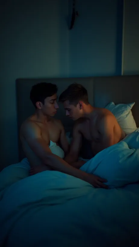 Image A visually striking cover image for 'Ice Rivals'. The scene depicts a modern, slightly cramped hotel room. The primary focus is on two male figures, Ethan and Andrew, sharing a single, rumpled bed. They are positioned close together, their proximity highlighting the forced intimacy of their situation. Ethan, a younger, more physically imposing figure with a passionate expression, is leaning towards Andrew, his gaze intense. Andrew, slightly older and more reserved, is seated against the headboard, a complex mix of weariness and guarded curiosity in his eyes. The lighting is soft, warm, and diffused, suggesting the late hours of the night and the secrets shared in the dimly lit room. The background subtly incorporates elements of their hockey world: a discarded team jersey, a hockey stick leaning against a wall, or a television screen playing a sports highlight reel. The color palette leans towards cool tones (blues and grays) contrasted by the warmth of the room's lighting and the skin tones of the men. The overall atmosphere is one of tension, unspoken desire, and the confined intimacy that fuels their relationship. The composition uses a shallow depth of field to draw the viewer's attention to the two men and their emotional connection. Use the 'lh_new_flux_realistic' style to add a touch of realism to the image.