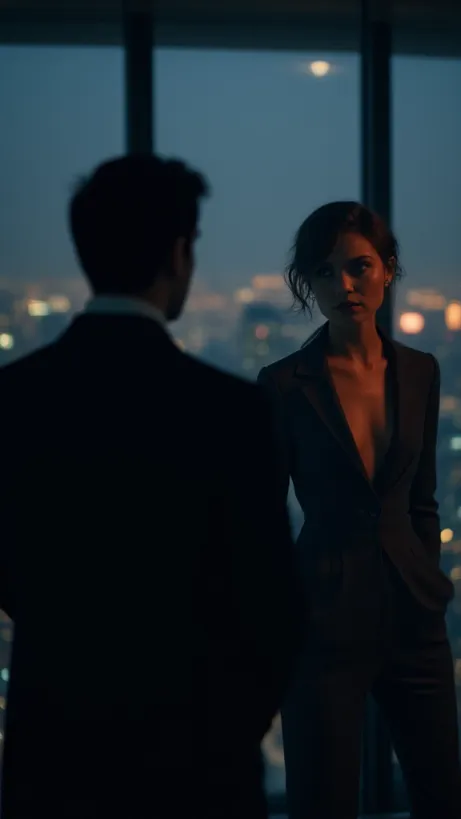 Image A dramatic, high-contrast cover image. The scene is set in a luxurious, modern office in a high-rise building overlooking a glittering New York City skyline at dusk. A partially obscured, sharply dressed man (Sebastian Winston) stands in the foreground, his back to the viewer, facing a large window. Reflected in the window is a captivating woman (Olivia), impeccably dressed in a tailored, elegant outfit, subtly strategizing in thought. Her gaze is intensely focused, a hint of calculated ambition in her eyes. Behind them, a soft glow from city lights permeates the scene, casting a romantic and enigmatic atmosphere. A subtle, almost imperceptible, image of another woman (Emily) is subtly visible, perhaps in a framed photograph on a desk, symbolizing the conflict of the story. The composition is tight, drawing the viewer's eye directly to the interplay between the man and the woman, and emphasizing the story's central themes of desire, ambition, and hidden motives. The overall mood is sophisticated, tense, and suggestive, with a focus on shadows, strong silhouettes, and reflections to enhance the intrigue. The lighting is soft and diffused, yet reveals the textures of the high-end clothing and the sleek office design. --style lh_new_flux_realistic --ar 2:3 --q 2