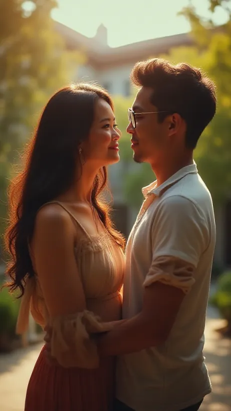 Image A vibrant and intimate cover image capturing the essence of 'The Nerd and The Baddie'. Focus on a tender moment between Arav and Ava in a modern college setting. Ava, a stunning Samoan woman with a confident aura, stands slightly dominant over Arav, who is a handsome, but shy Asian man. She's casually leaning towards him, perhaps playfully resting a hand on his arm, her expression a mix of warmth and playful interest. Arav, in turn, is looking up at her with a subtle, yet undeniable, admiration. The background should be a soft blur of a bustling college environment, perhaps a sun-drenched courtyard or a cozy corner in the library, adding to the intimate atmosphere. The lighting should be warm and inviting, emphasizing the connection between the two. Ava's Samoan heritage should be subtly represented, maybe through her clothing or a faint cultural element in the background. Arav is wearing glasses.  The composition should be a close-up shot, drawing the viewer directly into their shared moment, conveying the story's themes of unexpected connection, defying expectations, and the warmth of finding love in the most unexpected of places. The style is realistic, using the lh_new_flux_realistic aesthetic, with a focus on natural skin tones, realistic textures, and soft focus. The title 'The Nerd And The Baddie' should be subtly integrated into the design, perhaps in a clean and modern font.