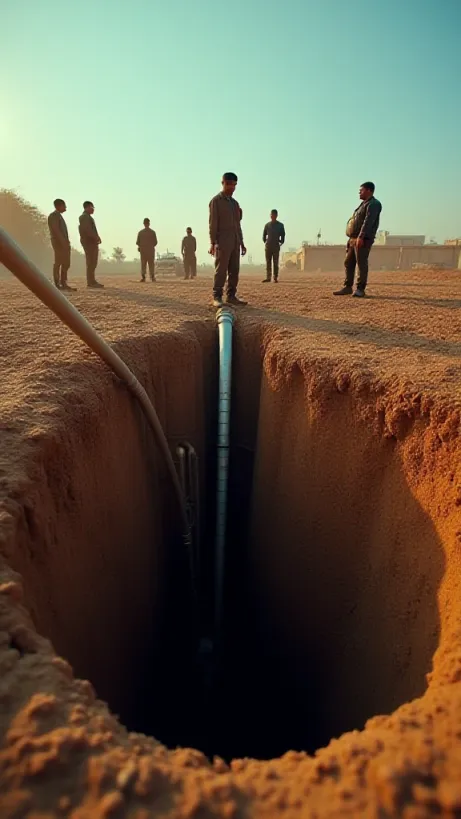 Image A dramatic, cinematic cover image for a biographical story about a civil engineer. The scene depicts a construction site in 1980s Egypt. The focal point is a partially constructed large diameter bored pile. A sense of tension and potential disaster is palpable. 

In the foreground, a wide-angle shot showcases a deep, freshly bored hole, with the top of the pile casing visible. The ground around the hole is muddy, with scattered equipment and tools. In the center of the frame, partially inserted tremie pipes descend into the hole, with a visible gap suggesting the impending concrete pour is doomed. The warm, harsh desert sun casts strong shadows, emphasizing the texture of the soil and the urgency of the moment. 

In the background, a silhouette of the protagonist, Ahmed, a determined engineer, stands at the edge of the construction site. He has a worried expression, looking into the depth of the pile, trying to find the reason. Another group of Engineers, dressed in 1980s era clothing, is gathered looking at the pile. 

The sky is a clear blue, but with a hint of impending storm. The overall mood is one of tension, impending failure, and the weight of responsibility, all encapsulated in the harsh Egyptian desert landscape. The composition should be realistic, detailed, and visually compelling, capturing the essence of the story's core themes: innovation, failure, and resilience.