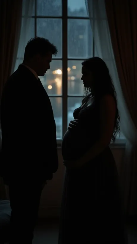Image A dramatic book cover image. A nervous, young woman (Nana), clutching a baby bump under a flowing, dark dress, stands silhouetted in a dimly lit, opulent room. Rain streaks the large window behind her, reflecting the city lights outside. The room's ambiance is luxurious yet foreboding, hinting at the mafia setting.  In the foreground, a dark-suited, powerfully built man (Leon) is partially obscured, his face in shadow, but his hand is gently reaching out towards her. A single, warm spotlight illuminates the woman and baby, creating contrast between the fear and love. Soft lighting, shadows and a feeling of deep emotion.  Style: lh_new_flux_realistic