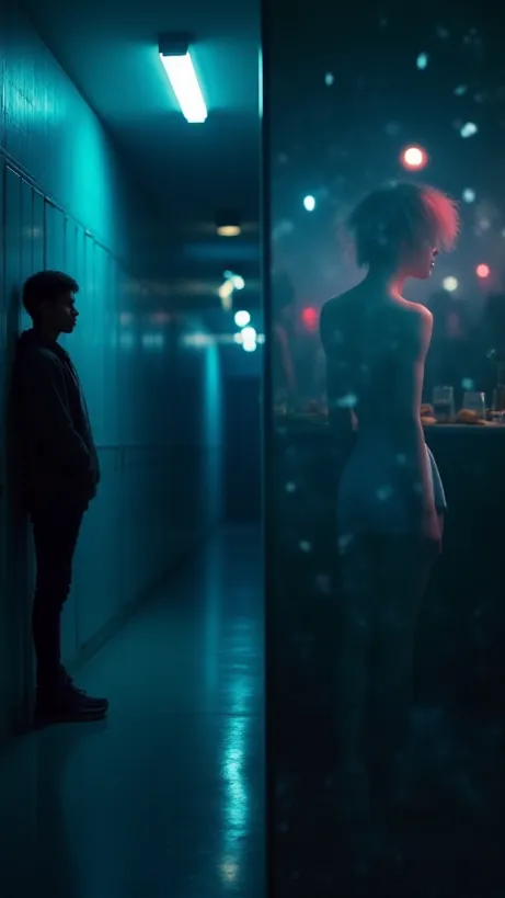 Image A split-screen composition, utilizing the 'lh_new_flux_realistic' style. The left side features a stark, dimly lit high school hallway at dusk. The metal lockers cast long shadows, and a single, flickering fluorescent light illuminates a figure leaning against a locker: Mohamed Abdi, a mixed-race, fifteen-year-old boy, dressed in an angsty, slightly rebellious style – perhaps a hoodie and jeans. His expression is a mix of defiance and vulnerability. On the right side, a contrasting scene: a blurry, chaotic snapshot of a vibrant, dimly lit nightclub. Silhouettes of figures dancing, flashing lights, and the indistinct shapes of bottles and glasses on a table create an atmosphere of reckless abandon. In the foreground, a young woman with platinum blonde hair and a white dress stands in the corner of the room, looking on with a mix of amusement and concern. A half-empty bottle of alcohol sits at the front of the frame. In the center, the images are partially blurred and overlaid with a thin, cracked glass effect, symbolizing the fractures in Mohamed's life and the secrets that surround him. The overall color palette is cool tones of blues, grays, and hints of neon, enhancing the mood of mystery and suspense. Subtly incorporate visual cues of the story's themes: a shadow or reflection that hints at Abdinur's past, a framed photo of Julia in Mohamed's backpack, or a faded, temporary tattoo on Mohamed's arm as a nod towards the themes of family, betrayal, and the blurring lines of trust. The image should capture the essence of a YA/Teen story with elements of suspense and romance. The entire image should be framed for a cover image, with space left for the title and author name at the top. Image ID: 6841e78acfb83df8c102cabc