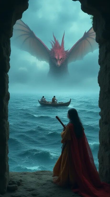 Image A dramatic cover image depicting Drakari Pykiros, a vibrant minstrel with black hair and wearing colorful medieval attire, rowing a small wooden boat across a vast, turbulent ocean under a stormy, overcast sky. The boat is dwarfed by the waves, reflecting the peril of his journey. In the distance, silhouetted against the horizon, a colossal, crimson dragon (Sryxdal) soars majestically, representing the kingdom of Ahklan and the dragon riders. The sky is a canvas of swirling dark blues and grays, suggesting impending conflict. In the foreground, a glimpse of Emily Carter, with long blonde hair and wearing a tattered red medieval cotehardie, is seen through a barred window. Her face is etched with despair, but her eyes hold a flicker of defiance. The scene's overall mood is one of foreboding, adventure, and the clash of destinies, with the lute in Drakari's hand subtly hinting at the story's ballad-like nature. The style should be lh_new_flux_realistic and highly detailed to convey a sense of epic scale and the emotional turmoil of the protagonists.