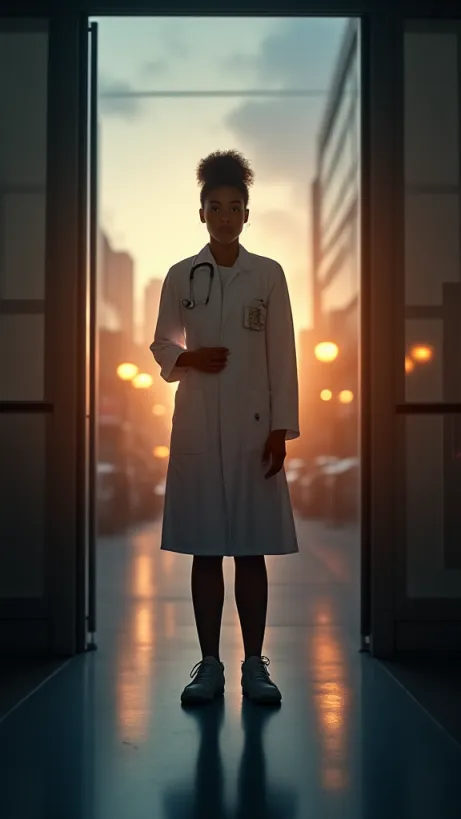 Image A cover image for 'The Doctor's Dream'. A young woman, Asha Matthews, stands confidently in the foreground, silhouetted against the soft glow emanating from the open doors of a modern, bustling hospital. She's wearing a crisp, white doctor's coat, her silhouette hinting at a determined posture. The background is a slightly blurred, evocative depiction of the city at dusk, with warm streetlights and the distant suggestion of skyscrapers creating a sense of urban ambition. In the middle ground, a subtle image of a small village, represented by a single, warm-lit cottage, is barely visible, overlaid with the image of Asha's silhouette to suggest her background. A gentle reflection of the hospital's lights creates a soft glow around her, framing the silhouette and emphasizing her as the focal point. The overall mood should be hopeful, with a hint of nostalgia and grit. The style should be lh_new_flux_realistic, with a focus on natural lighting and a subtle, almost painterly quality to the background. The color palette should be warm, emphasizing the glow of the city and the resilience of Asha's dreams. The image should subtly convey themes of ambition, perseverance, and the journey from humble beginnings to a fulfilling career.