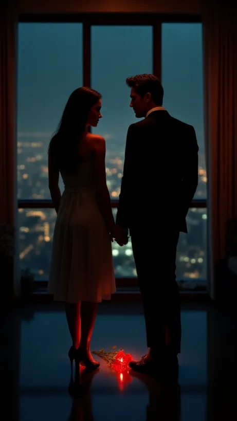 Image A dramatic book cover image. The scene is set in a dimly lit, opulent penthouse, late evening. Rain streaks the panoramic windows, reflecting the city lights below. A beautiful, young woman, Ashley, with a kind and gentle expression, stands in the foreground, bathed in a warm, inviting glow. She is dressed in a simple, elegant dress, contrasting with the luxurious surroundings. Opposite her, partially obscured in shadow, stands the Mafia Man. He is tall and imposing, dressed in a tailored black suit, his face half-lit, revealing a hint of intense, guarded emotion. He gazes at Ashley with an unreadable expression. A single red rose lies on the polished floor between them, symbolizing the hidden love and the contrast between their worlds. The overall mood is a blend of romance and danger, highlighting the contrast between innocence and power. The style is realistic with a touch of dramatic flair and a dark color palette, employing cinematic lighting techniques. Soft focus and shallow depth of field emphasize the main characters and their emotional connection. The image should convey a sense of longing, hidden feelings, and the dangerous world they inhabit, hinting at the central conflict of the story. lora: lh_new_flux_realistic, Image ID: 6844e3ed1af240f79fc1d436