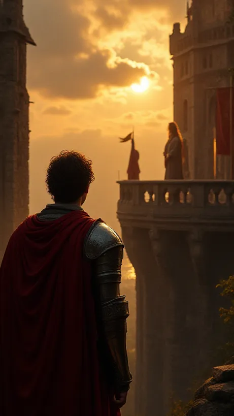 Image A detailed, dramatic cover image depicting a medieval scene. A young knight, David, stands in the foreground, clad in polished steel armor, his expression a mixture of determination and longing. He is facing towards a slightly elevated castle balcony bathed in golden sunlight. On the balcony stands Princess Amanda, her golden hair cascading down her shoulders, her gaze fixed on David. The background showcases the majestic architecture of the Aledress castle, with banners of the kingdom fluttering in the wind. Shadows from a setting sun cast long shadows. The overall atmosphere is romantic and a bit melancholic, hinting at the challenges and hidden dangers they face. In the distance, dark, ominous clouds gather, partially obscuring the approaching threat, symbolized by faint silhouettes of goblins in the horizon, representing the imminent goblin invasion. The style should be reminiscent of classical paintings, with a focus on realism and a rich color palette to convey the story's fantasy, historical, and romantic elements. The overall mood should be one of longing, duty, and the unspoken bond between David and Amanda. In the corner there is a subtle reference to the Paul's banner, the father of David.