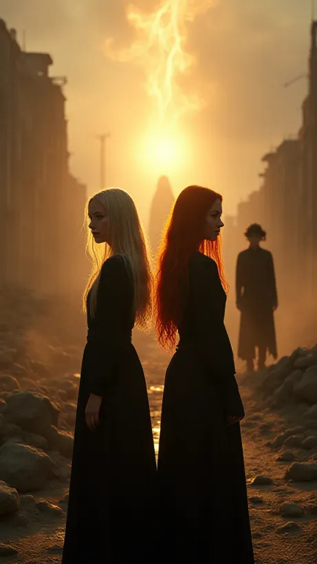 Image A desolate, post-apocalyptic landscape bathed in the eerie glow of a setting sun, casting long shadows across the ruins of a once-bustling city. In the foreground, two young women, Emily with long blonde hair and green eyes, and Sarah with fiery red hair, stand back-to-back, their black clothing blending with the shadows. Both are emanating a powerful aura of raw energy, with wisps of ethereal light swirling around them. In the background, partially obscured by the dust and debris, a figure resembling Ezel, bald with a scar, wearing a long black jacket and a black hat, appears as a spectral silhouette. Above them, a rift in the sky crackles with arcane energy, hinting at the presence of Xrès, who is faintly visible with black wings and black clothing, casting a knowing glance down. The overall atmosphere is one of impending doom and the promise of immense power, a visual symphony of despair and ambition. The style is realistic, high-detailed, with a focus on dramatic lighting and shadows to enhance the mood, as well as a lh_new_flux_realistic style.