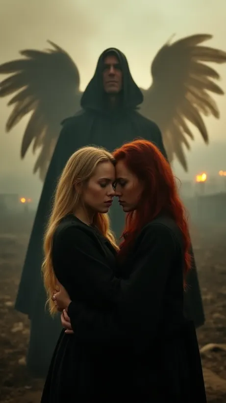Image A desolate, war-torn landscape serves as the backdrop. A vibrant, yet decaying, city sprawls in the distance, engulfed in smoke and the ominous glow of distant fires. In the foreground, two young women, EMILY CARTER (long blonde hair, green eyes, wearing black clothing) and SARAH JENNINGS (long red hair, wearing black clothing), are locked in a passionate embrace, their bodies intertwined. Their expressions are intense, reflecting both love and a ruthless determination. A hazy, ethereal light emanates from them, subtly hinting at the power they possess. Behind them, partially obscured by the smoke, stands EZEL, an old man with a bald head, a scar across his face, wearing a black hat and long jacket, his gaze piercing and mysterious. Above, the shadow of Xrès, the goddess of hell (LONG BLONDE HAIR, BLACK WINGS, BLACK CLOTHE), casts a silhouette, her form suggesting immense power. The overall mood is one of dark romance, power, and the promise of a journey through the unknown. The lighting is dramatic, with strong shadows and contrasting highlights. The style is photo realistic and detailed, emphasizing the textures of the worn clothing, the desolation of the environment, and the intensity of the characters' emotions. The image should evoke a sense of both intimacy and the looming threat of cataclysm. The color palette should use the lh_new_flux_realistic style to convey a sense of impending doom and the dangerous beauty of a world on the brink.