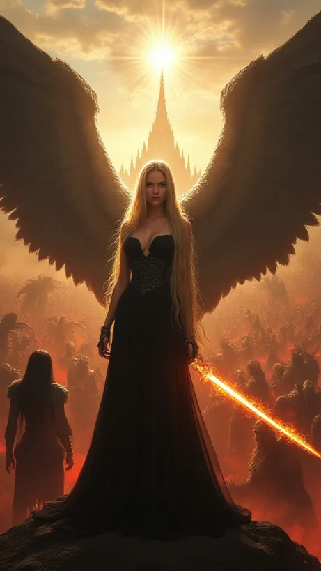 Image Epic, cinematic cover image depicting the climactic battle between Heaven and Hell.  In the foreground, Xrès, a stunning goddess with long, flowing blonde hair, clad in dark, elegant, and revealing black attire, radiates power. She has large, obsidian wings spread wide, casting a shadow over the scene. Beside her stands Kael Thorne, a formidable warrior with long black hair and a battle-hardened expression, wielding a flaming sword.  Behind them, an army of grotesque demons surges forth from the fiery depths of Hell, their forms distorted and menacing. In the background, a celestial realm contrasts sharply: a shining, golden city of Heaven is under siege, with angels and the God of Gods battling against the invading hordes.  The sky is split between the infernal red of Hell and the fading blue of Heaven, illustrating the encroaching darkness. Dramatic lighting with strong highlights and shadows to emphasize the conflict and the characters' emotions.  Realistic style, dynamic composition, digital painting, dark fantasy, full of details and textures, dramatic pose, dynamic angle.  lh_new_flux_realistic