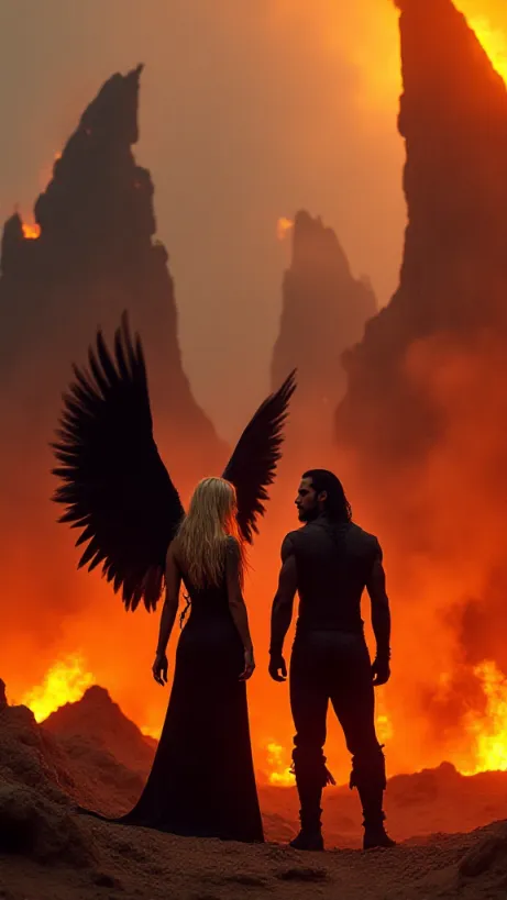 Image Epic, wide-angle shot depicting the fiery depths of Hell, with colossal black mountains dominating the background. In the foreground, Xrès, the Goddess of Hell, stands regally, exuding an aura of seductive power. She has long, flowing blonde hair, black wings spread wide, and wears black, form-fitting attire. Beside her stands Kael Thorne, a formidable warrior with long black hair, a beard, and armor, wielding an elemental weapon as flames lick around his form. Their eyes meet with shared intent. Behind them, Zvarath, a red demon with black horns, looms menacingly, symbolizing the demonic legions. The scene is bathed in the hellish glow of fire and brimstone, the atmosphere thick with smoke and the promise of destruction. The composition draws the eye from the goddess of hell, across Kael Thorne and Zvarath, and the chaotic landscape around them. Rendered in lh_new_flux_realistic style with ultra-high detail and dramatic lighting to emphasize the clash between darkness and potential.