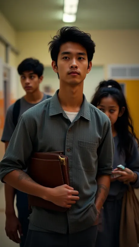 Image A dynamic, medium shot suitable for a young adult novel cover, showcasing Jack, Steve, and Alex amidst the vibrant backdrop of Foothill Middle School. Jack, an Asian teen with a confident yet slightly troubled expression, is centered, clutching a well-worn, leather-bound notebook, his eyes subtly reflecting a conflicted emotion. To his left, Steve, another Asian teen, stands slightly behind Jack, offering a supportive presence with a concerned look. His hands are lightly touching Jack's shoulder, a testament to their friendship. On the right, Alex, a younger Asian girl, her eyes downcast, is sketching in a notepad, partially obscuring her face. The background subtly hints at the story's duality – a sports equipment locker hinting at Jack's martial arts prowess and a music room door, emphasizing his musical talent. Soft, warm lighting suggests a late afternoon setting, with diffused sunlight filtering through the windows. The overall atmosphere should convey a sense of both camaraderie and underlying tension, reflecting the complexities of friendship and the weight of Jack's secret. Style: lh_new_flux_realistic