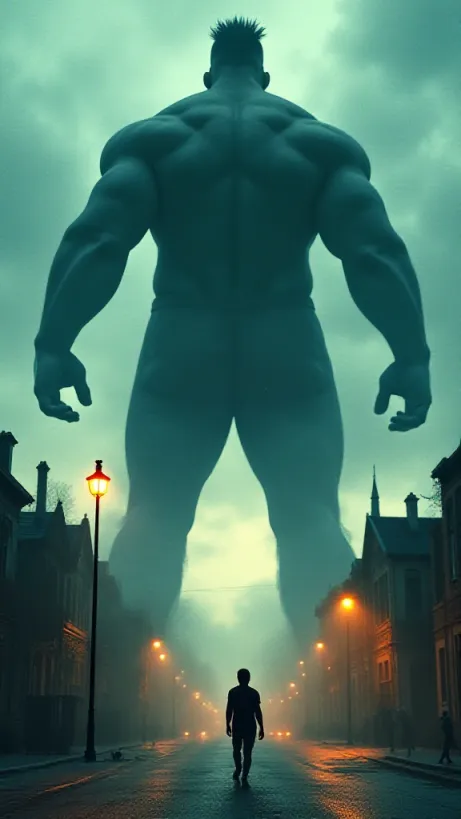 Image A dramatic book cover image. A vast, muscular figure of Tiago, a giant with a high fade haircut and imposing physique, looms over a miniature, detailed city. The city is rendered in a realistic style, with tiny, terrified figures running in the streets. In the foreground, a young teen, Ethan, stares upwards in a mix of fear and fascination, a single street lamp casting long shadows that stretch toward the giant's massive legs. The overall atmosphere is tense and unsettling, highlighting the disparity in scale. The sky is a stormy, overcast hue, with streaks of light cutting through the clouds, emphasizing the dramatic tension. The scene is bathed in a dim, foreboding light, with a focus on the contrast between the giant's shadow and the vibrant, yet minuscule, city. The style is lh_new_flux_realistic, emphasizing realism and a sense of impending doom. The composition is designed to draw the viewer in, making them feel small and vulnerable, mirroring Ethan's experience.  The overall aesthetic is dark and gritty, capturing the sense of unease and mystery present in the story. Focus on details like the texture of Tiago's skin, the terrified expressions on the tiny figures, and the subtle details of the city's architecture to create a hyper-realistic and immersive experience. The image encapsulates the core theme of the story – the imposing presence of a giant and the fear and wonder it inspires in the inhabitants of a small town.