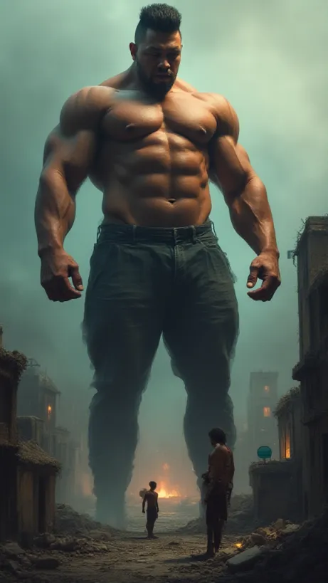 Image A dynamic book cover image. In the foreground, a gargantuan, incredibly muscular bodybuilder named Tiago (with a high fade haircut), towering over a miniature city. Tiago is a figure of imposing power, his physique meticulously detailed, muscles rippling with a mixture of menace and beauty. The city, rendered in exquisite detail, is crumbling under his feet, buildings fractured and collapsing, conveying a sense of apocalyptic destruction but also the beauty of a man. In the background, two figures, Ethan and Pierce, stand watching the destruction from a safe distance. Ethan (a young man with a contemplative expression) is visibly inspired, possibly jotting down notes in a small notebook, reflecting the idea of finding inspiration in chaos. Pierce stands beside Ethan, leaning, providing a comedic relief. The lighting is dramatic, with harsh shadows accentuating Tiago's form and the devastation. Smoke and dust billow, suggesting a recent event. The overall color palette is dominated by muted grays, browns, and oranges, with a single spot of blue in the sky, hinting at the apocalyptic world and a flicker of hope or inspiration. The style should be lh_new_flux_realistic with detailed textures and a sense of epic scale. Emphasis on visual storytelling, conveying both the destructive and the inspirational aspects of the story. The image must be highly detailed and suitable for a book cover. 