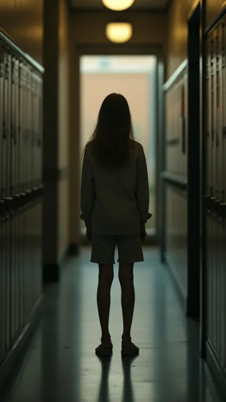 Image A sorrowful, first-person perspective cover image for a YA contemporary romance novel set in a Christian school. The scene is a softly lit hallway, late afternoon sunlight filtering through the windows, casting long shadows. The focus is on Allison, a fragile-looking teenage girl with downcast eyes, dressed in a slightly oversized but neat outfit that hints at her mother's efforts to boost her self-esteem. She's standing alone, slightly apart from a group of laughing, well-dressed students (Mason and Olivia are subtly present in the background, their faces blurred but their body language suggesting dominance). A single, open locker door is visible nearby, partially obscuring her, symbolizing her feeling of invisibility and the isolating environment. The color palette is desaturated, with a gentle use of light and shadow. The background includes subtle religious imagery, such as a faded crucifix on a wall or the corner of a classroom with a Bible on a desk, emphasizing the setting and theme. Emotionally, the image should evoke a sense of loneliness, vulnerability, and the quiet struggle of the protagonist. The overall atmosphere is one of understated melancholy and hope, with a slight hint of resilience. The style is lh_new_flux_realistic