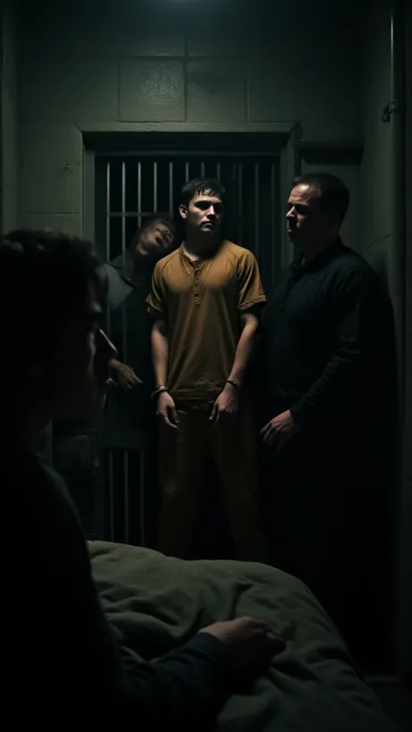 Image A dimly lit prison cell, rendered in a hyperrealistic style with the lh_new_flux_realistic aesthetic. The focus is on a tense encounter between two young men: Steven Small, visibly distressed and handcuffed, being roughly pushed into the cell by a stern, imposing guard. Steven's expression is a mix of defiance and despair, his eyes locked with the guard, who has a look of cold indifference. In the foreground, Laurence Needlemeyer, a man with a cocky smile and piercing eyes, sits casually on the edge of a worn metal bed, observing the scene with amusement and intrigue. The harsh prison environment is evident through exposed brick walls, a single barred window casting long shadows, and the cold, metallic textures of the cell. The lighting is dramatic, with a strong contrast between light and shadow, emphasizing the raw emotion and the confined space. The overall atmosphere is one of confinement, danger, and unspoken tension, hinting at the illicit nature of their potential interaction. Steven, in a tattered prison uniform, has a single bobby pin in his hair. Focus on a composition that highlights the power dynamic between the characters and captures the story's darker themes, the tension of the forbidden and the seed of something new.