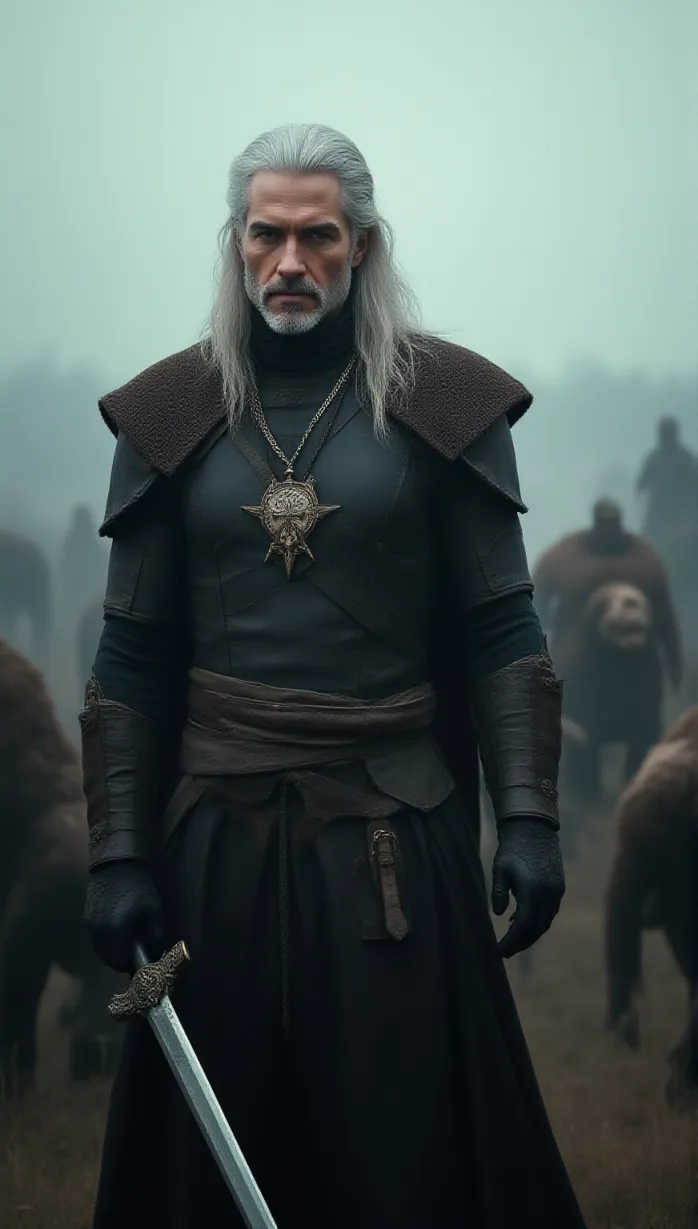 Image A sexy mid_adult white man with a pale complexion and sharp features, stands on a monster-strewn battlefield. He has cold piercing eyes scanning the horizon, white long hair, a rugged face, and a muscular build. He wears dark brown leather armor and a Witcher medallion. He holds a silver sword in his hand. His expression is determined. Close-up, dark fantasy movie poster.