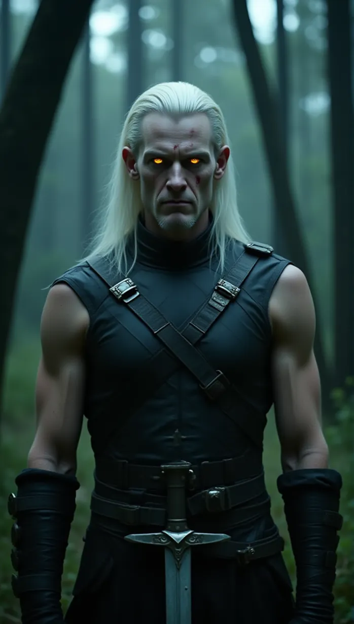 Image A sexy mid_adult white man with long white hair, pale skin, scarred face, and piercing yellow eyes stands in a monster-infested forest at night. He has a muscular build and strong shoulders. He is wearing black leather armor with multiple belts and metallic buckles. He holds a silver sword. The lighting is cinematic, creating a mysterious aura around him, intense gaze, movie poster, close-up.