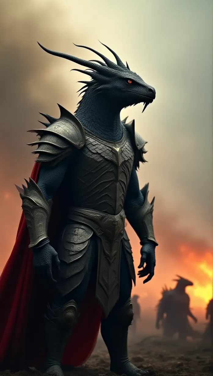 Image Close-up of 1 dragon, tribedragon, scales, horns, wings, strong build, dragon warrior armor, metal, detailed, red cloth, heroic pose, stands valiantly on a battlefield amidst smoke and fire, determined gaze fixed on the horizon, dynamic perspective, film poster.