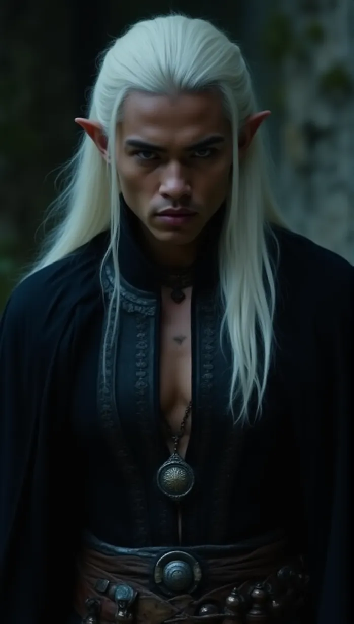 Image A sexy young_adult black elf, with long white hair, muscular build, and dark skin, is in close-up. The menacing young man, wearing a black robe with silver trim and intricate embroidery, and adorned with a silver amulet and leather belt with potion vials, intensely focuses on casting a dark magic spell. The cinematic scene resembles a dark fantasy movie poster, set against an ominous background, detailed textures, magical effects, dramatic lighting