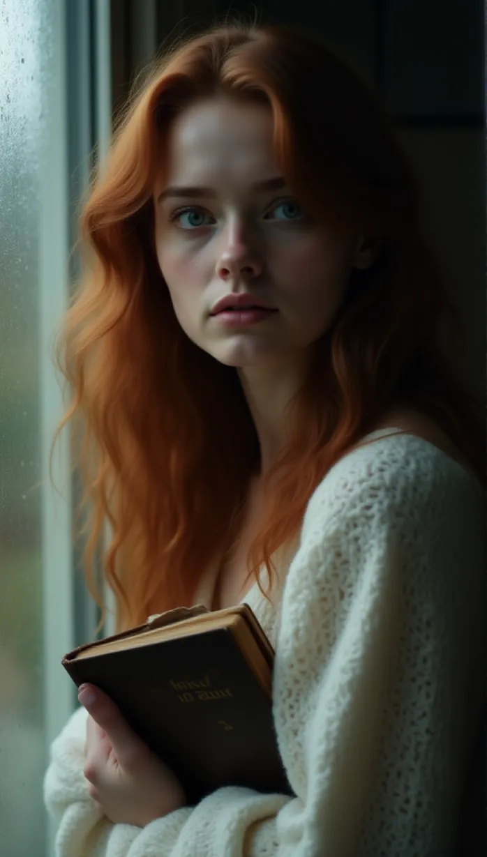 Image close-up of 1 sexy young_adult white 1girl and, 1woman with long wavy auburn hair and a thoughtful expression, standing pensively by a rain-streaked window, holding a vintage diary close to her chest, her gaze reflecting a mix of longing and uncertainty, wearing a casual white knitted sweater, film poster, dramatic lighting, soft focus background, melancholic atmosphere, delicate features, slender build