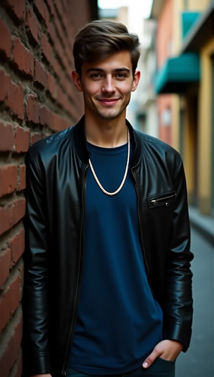 Image A sexy young_adult white boy with short brown hair, casual hairstyle, athletic build, and light stubble, leans against a brick wall in a bustling urban alleyway, wearing a blue t-shirt, black leather jacket, and silver chain necklace, one hand casually tucked in the pocket, smirk on his face, dynamic angle, cinematic lighting, gritty atmosphere, close-up.