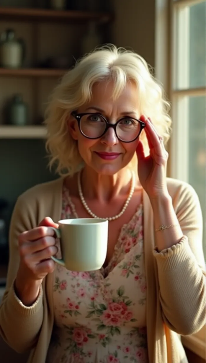 Image 1 sexy middle_age white 1girl and, 1woman, a middle-aged woman with wavy blonde hair and a gentle smile, is adjusting her glasses thoughtfully while holding a cup of tea. She is wearing a floral print dress, a cardigan, and a pearl necklace. Close-up shot in a cozy sunlit kitchen with vintage decor, soft focus, depth of field.