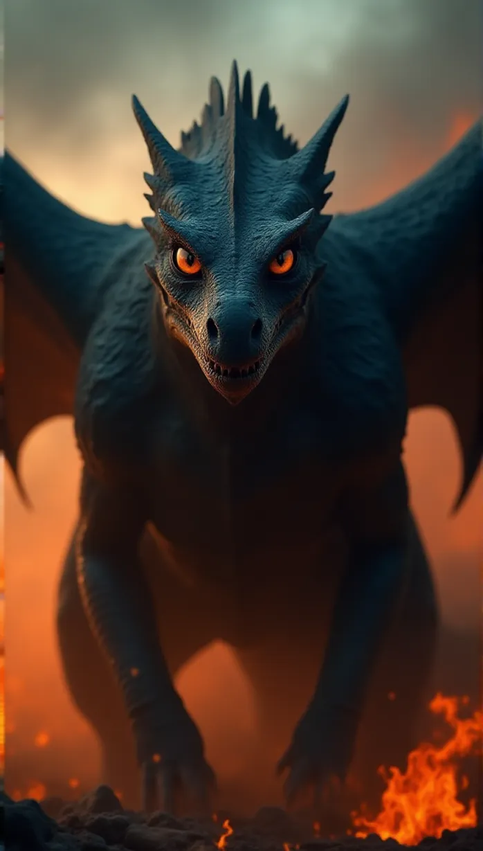 Image Close-up of 1 non_human_being, massive black dragon, stands tall amidst a fiery battlefield, smoke billowing around him, determination etched on coal-black scales, glowing ember eyes, immense wings, sharp claws, powerful build, fierce expression, Xrès mount, battle-ready posture, scales shimmer like obsidian, intimidating presences face, cinematic, dynamic angle, dramatic lighting.