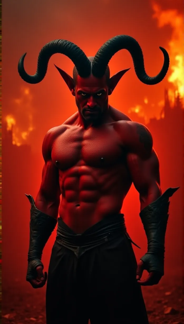 Image A red-skinned man with massive curved horns, muscular build, demonic features, black armor, fiery eyes, and a stern expression, close-up, standing amidst a fiery battlefield background, commanding pose, cinematic, intense red color scheme, dynamic lighting.