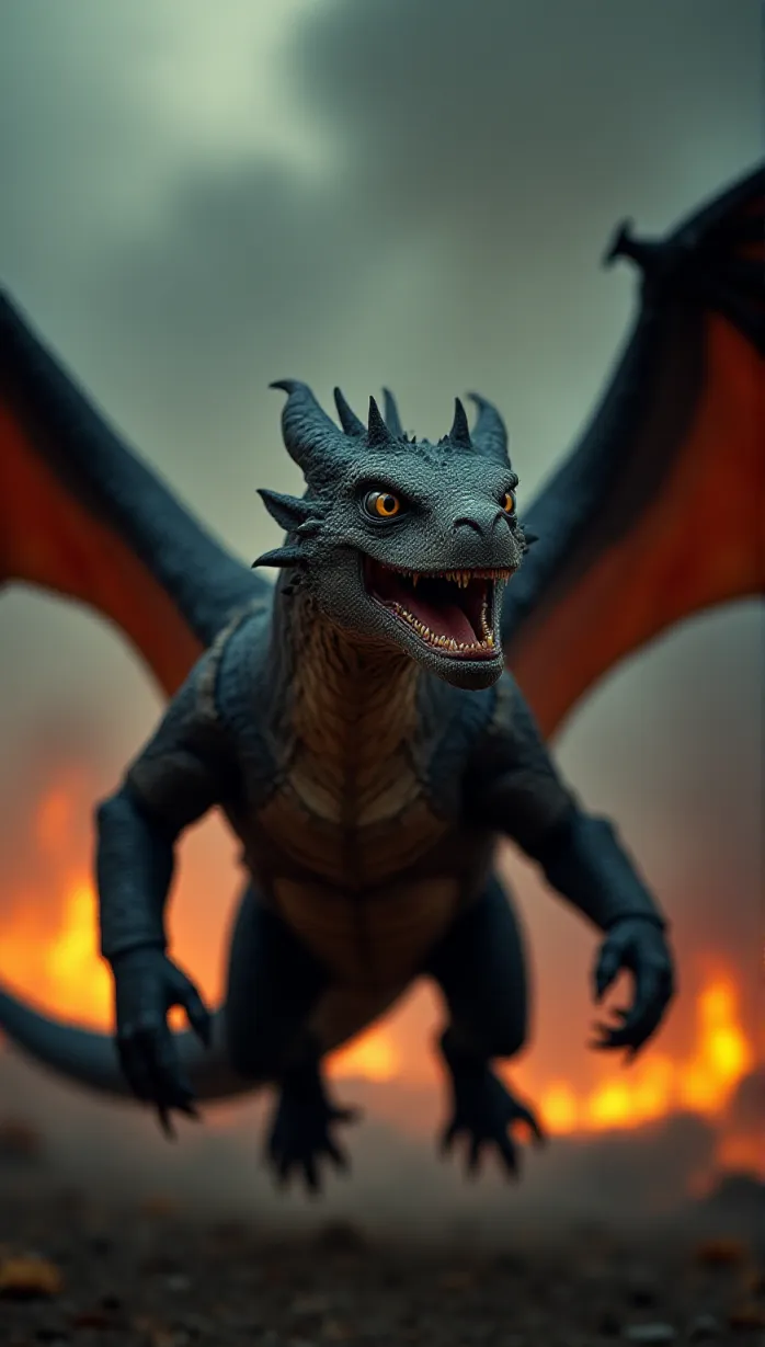 Image Close-up of a desperate grey dragon, wings spread in mid-flight, glancing back with a fearful expression. The dragon has a scaled body, sharp claws, ragged wings, and smoke-stained scales. Tattered leather armor is visible on the dragon. The scales reflect the light of a burning battlefield with smoke billowing behind him, creating a dynamic movie poster scene.
