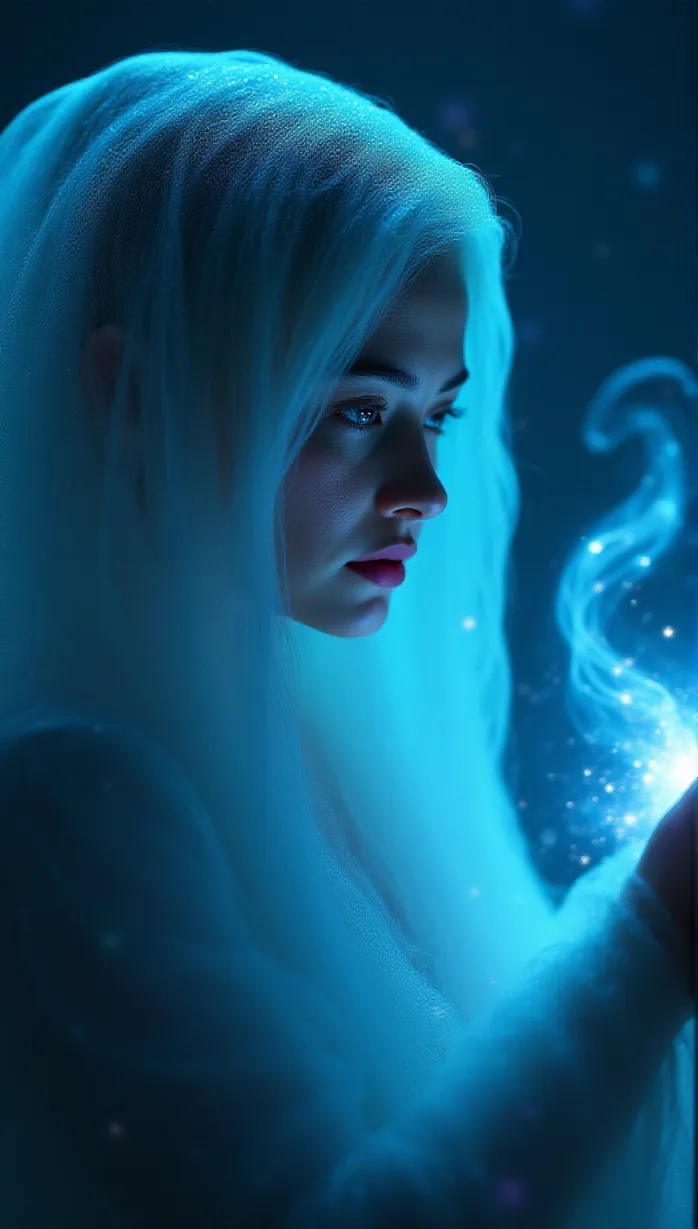 Image Close-up of 1being, nebulous form, glowing star patterns, cosmic energy, swirling galaxies, ethereal, cautious expression, ancient star chart markings, tendrils of light, otherworldly, flowing robes of deep blue and silver, extending a tendril towards a futuristic device, cautious expression, cinematic movie poster, deep space background with distant galaxies, ethereal lighting.
