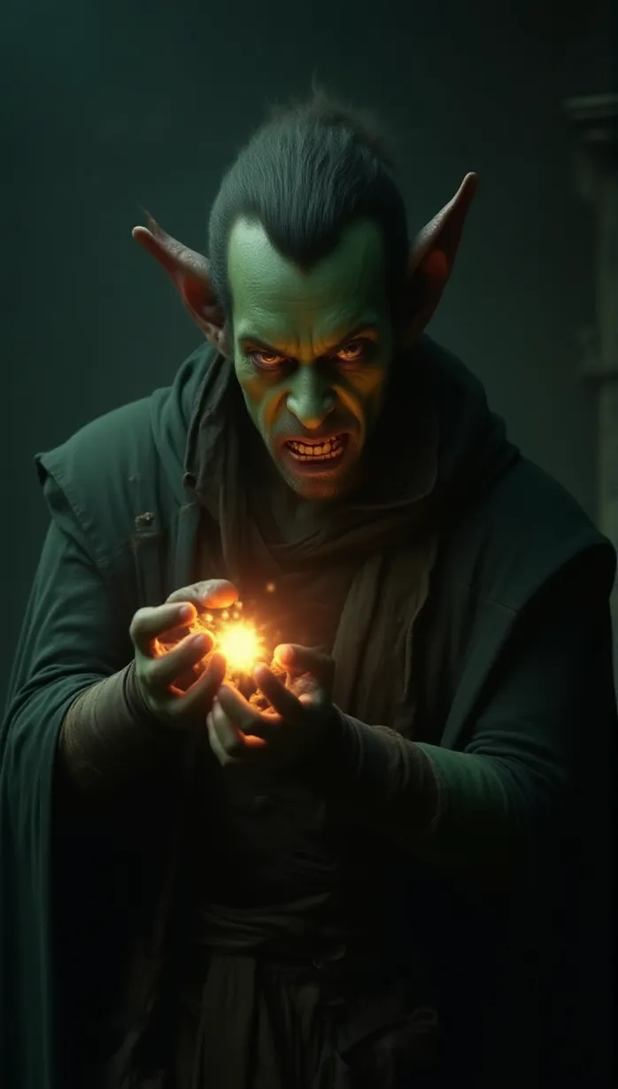 Image A sexy mid_adult man with goblin-like features, weary eyes, and a battle-worn face, is in a Fate/Grand Order movie poster pose, jaded expression, cautiously holding a glowing Command Spell fragment. He has a resilient stance amidst the chaos of the Command Room. He has dark green skin, pointed ears, sharp teeth, tattered dark green robes, multiple pouches, worn leather gloves. Close-up, cinematic lighting, detailed environment.