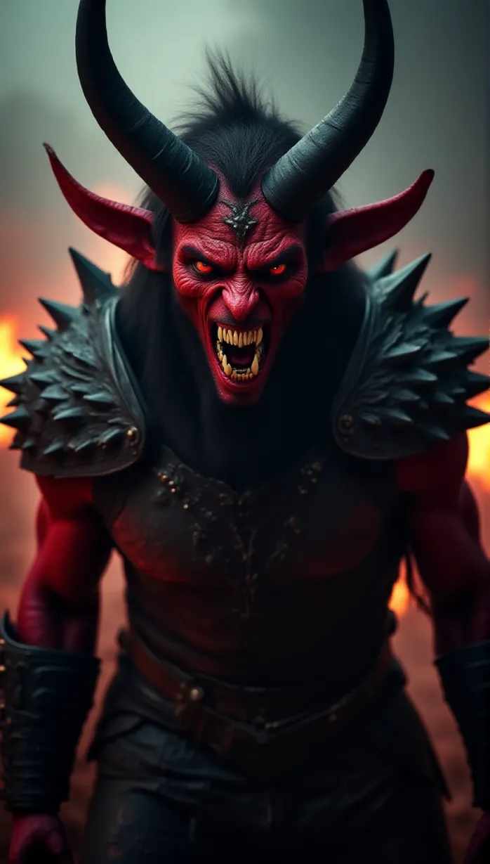 Image A muscular build demon with black horns, sharp teeth, and glowing red eyes, dark red skin, wearing demonic armor with black metal and spiked shoulders, armored gauntlets, emanating a dark aura on a battlefield. Close-up, upper body, fierce expression, movie poster.