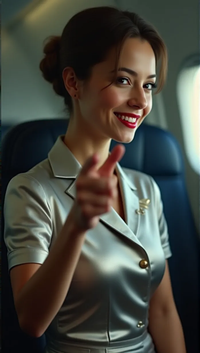 Image close-up of 1 sexy young_adult white 1girl and, 1woman, silver shiny reflective stewardess outfit, short sleeves, structured shoulders, flight attendant wings pin, airplane interior, confidently gesturing with a hand, cinematic lighting, dynamic angle, mischievous smile, professional yet playful demeanor, embodying the spirit of classic aviation glamour with a modern twist, movie poster