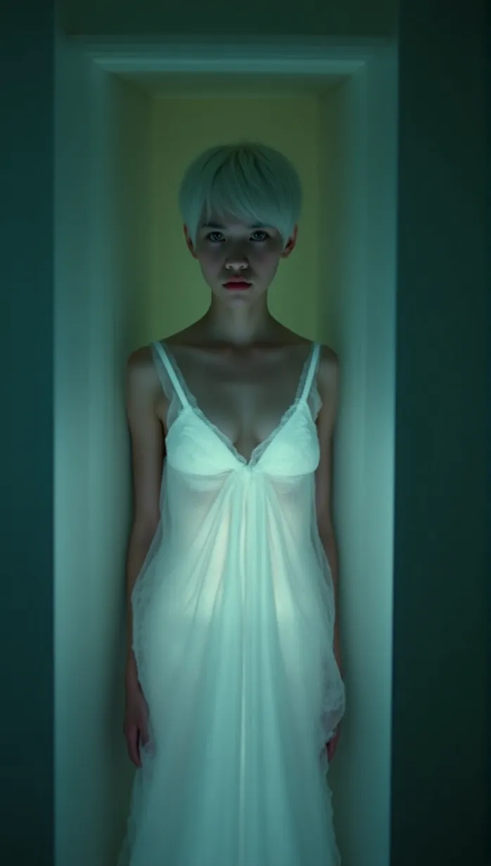 Image A close-up of 1 sexy young_adult 1boy with translucent, spectral form shoulders, visible ribs, glowing eyes, thin face, white hair, and a faded white robe, spying through a wall in a maternity ward, focusing on a mother during childbirth, soft spectral glow, detailed ghostly form, ethereal light, in a vintage hospital scene, dramatic lighting, ghostly figure, movie poster.