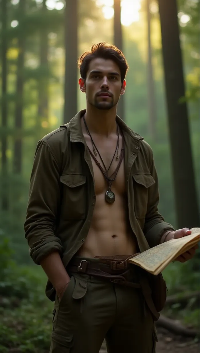 Image A daring explorer, 1 sexy young_adult white boy stands at the edge of the Forest of Elanor, sunlight piercing through the dense canopy, wind tousling his short dark brown hair. close-up, He wears explorer outfit, leather jacket, multiple pockets, leather belt, map case, canteen, rope, climbing gear and khaki trousers. He holds an antique map, one hand resting on a weathered compass necklace, determined expression, stubble beard, eyes filled with determination, ready to uncover the forests secrets, cinematic, adventure movie poster, sturdy boots.