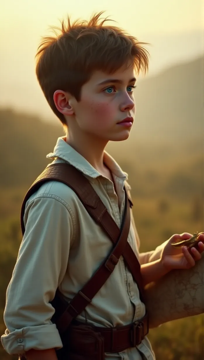 Image Close-up of 1 sexy young_adult white boy with short tousled brown hair, bright blue eyes, lean build, and freckles on his nose, with a determined expression, holding a map and compass, looking towards a distant, mysterious landscape, cinematic, golden hour lighting, wearing a worn leather jerkin, white linen shirt, and brown leather belt with pouch. Sleeves are rolled up.