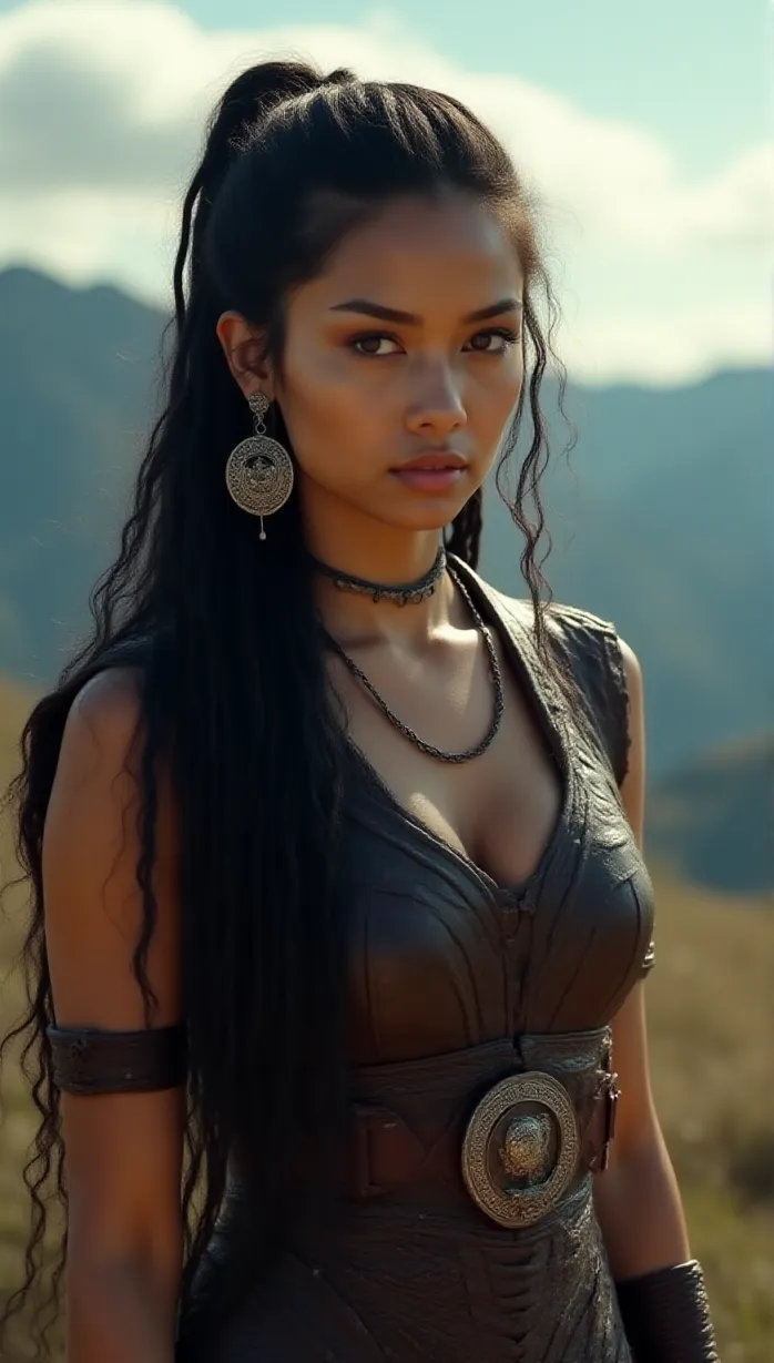 Image close-up of 1 sexy young_adult 1woman, long black braided hair, intricate tribal silver earrings, strong facial features, determined gaze. Clad in form-fitting, tribal-patterned leather armor, a woven belt with dragon-shaped buckle, holds a dragon scale, sunlight glinting off its surface, cinematic, movie poster, vast, windswept mountain range in the distance