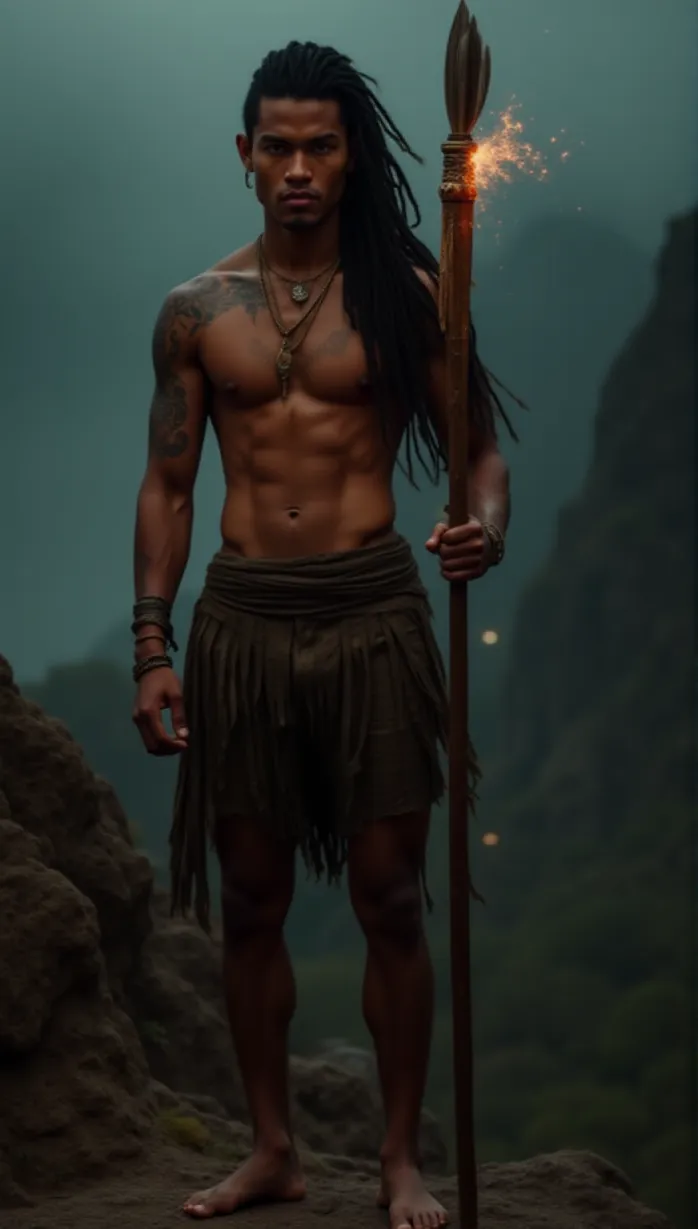 Image A sexy young_adult  1boy and, 1man, tribal mage, with a muscular build and tanned skin, stands confidently atop a rocky cliff. Intricate tribal tattoos adorn his shoulders and arms. His long braided black hair is woven with feathers, and he is adorned with tribal jewelry. Close-up shot of the tribal mage holding a glowing staff, energy crackling around it, with a determined expression, cinematic.