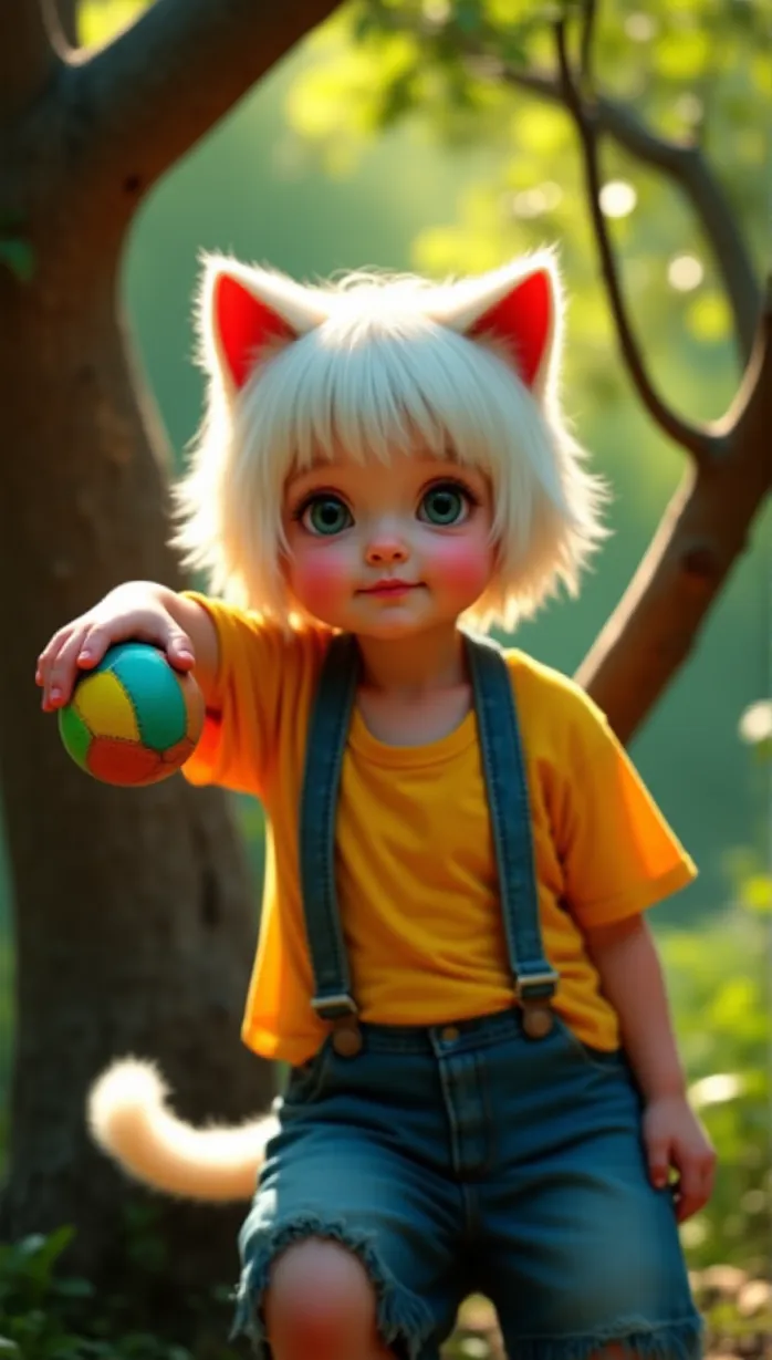 Image close-up of 1 sexy child 1girl with cat ears, fluffy tail, short white fur, bright eyes, and a playful expression, wearing a yellow t-shirt and denim overalls. One hand holds a colorful ball, the other rests on a sturdy tree branch. Sunlight filters through the leaves, casting playful shadows. This is an adventurous movie poster