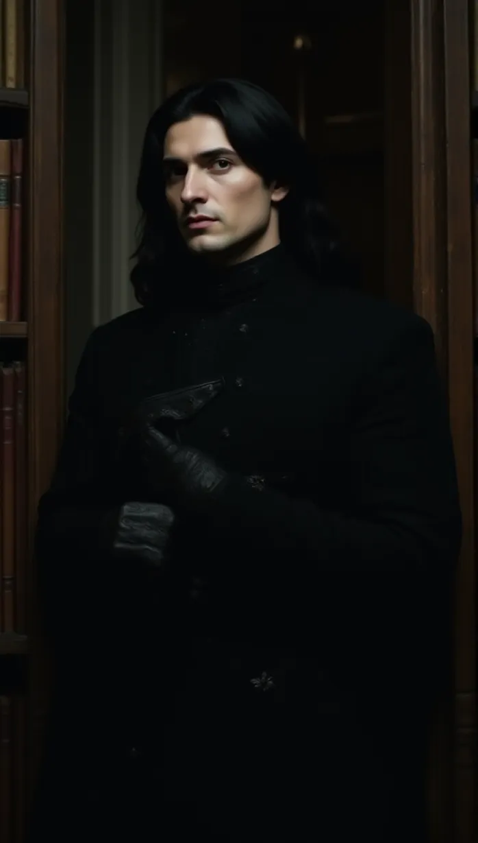 Image Close-up of 1 sexy mid_adult white 1boy and, 1man, mature, vampire, long black hair, slightly pale skin, thoughtful expression, wearing a dark victorian coat with a high collar and intricate silver embroidery, and black gloves. He stands in a dimly lit, ancient library, holding a leather-bound book, one hand resting on a shelf. Dramatic shadows and gothic architecture.