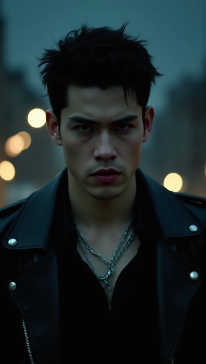 Image A sexy young adult white boy and man, vampire, with a sarcastic expression and dark rebellious hairstyle, stands defiantly in a gothic cityscape. He has a muscular build and is wearing a black leather jacket and a silver chain necklace. Close-up, cinematic movie poster style, night scene.