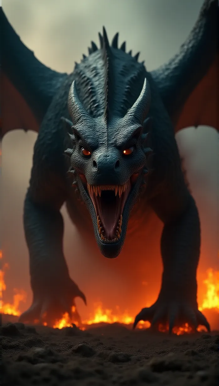Image Close-up of a colossal dragon, massive build, obsidian scales, fiery eyes. Wings spread wide in a display of dominance. Razor-sharp claws grip the charred earth. Smoke-wreathed body, molten glow. Movie poster, battlefield background
