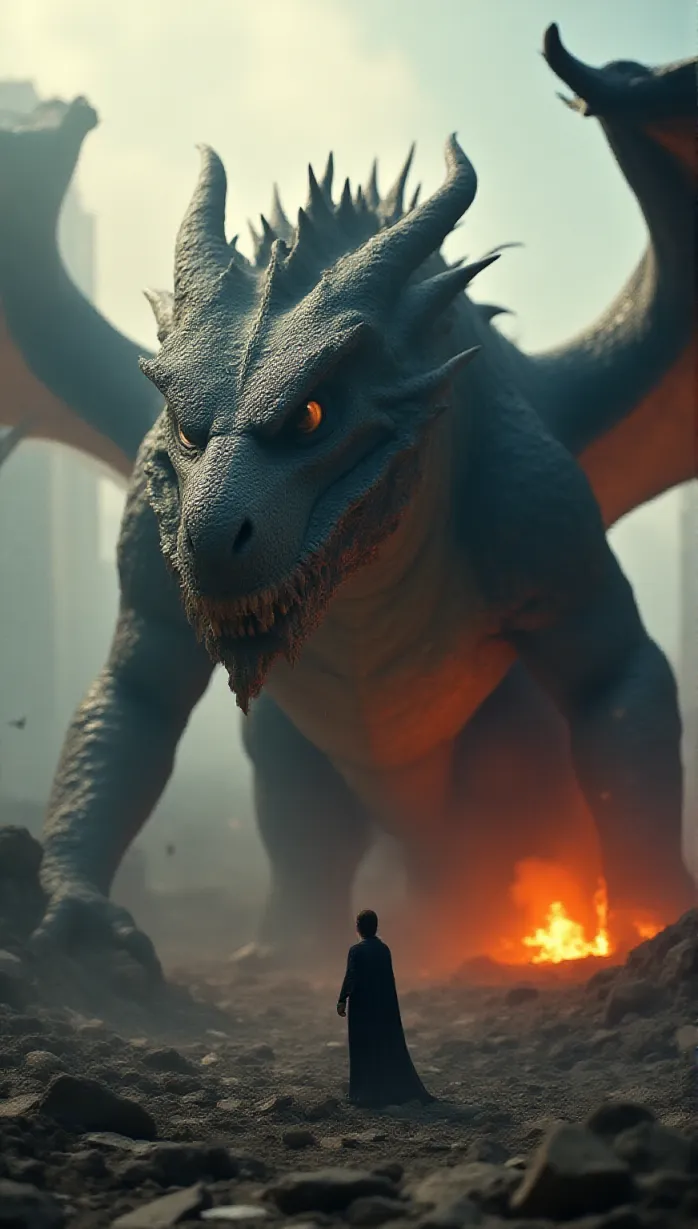 Image Close-up of a colossal dragon rivaling Laehossi in size, stands imposingly amidst a ravaged cityscape, his massive claws gripping a shattered skyscraper, fiery breath billowing from his nostrils, embodying raw power and untamed ferocity, dramatic lighting, dynamic angle, scales, no mercy, city-leveling strength, sharp claws, jagged teeth, armored hide, imposing wings